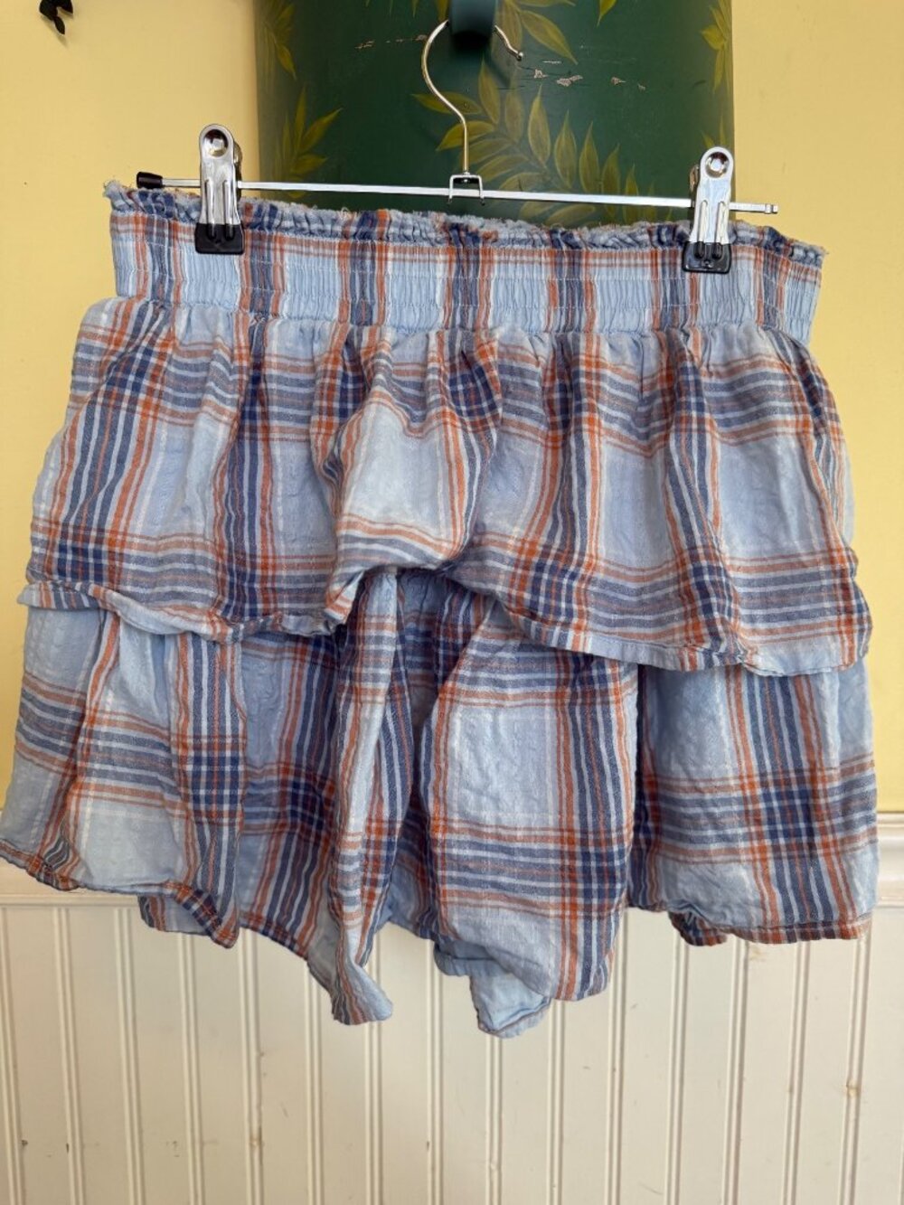 Aerie Blue & Orange Plaid Layered Ruffle Skirt M Elastic Waist Lightweight